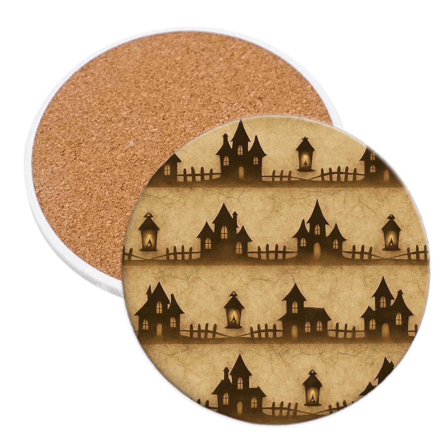 Sepia Haunted Horizon Bands With Lantern Clusters wooden table coasters