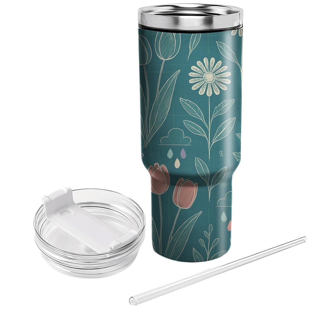 Spring Rain Botanical Blueprint tumblers with lids