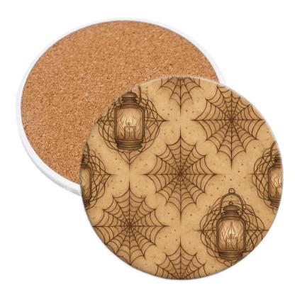 Sepia Parchment Lantern And Cobweb Lattice custom engraved coasters