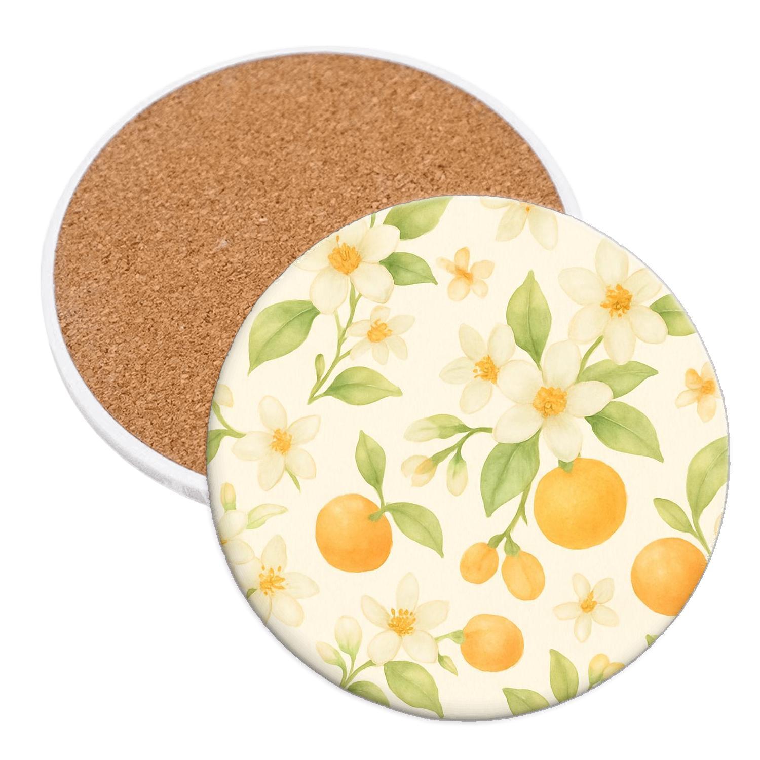 Citrus Blossom Meadow In Soft Watercolor cork coaster sets