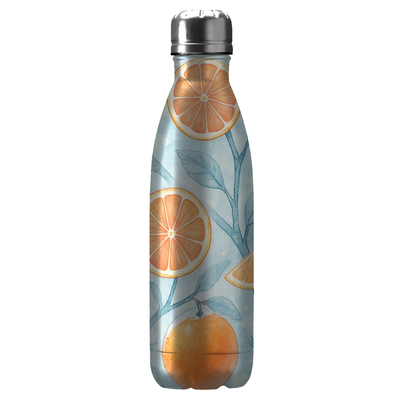 Frosted Citrus Winter Orchard water bottles with lids