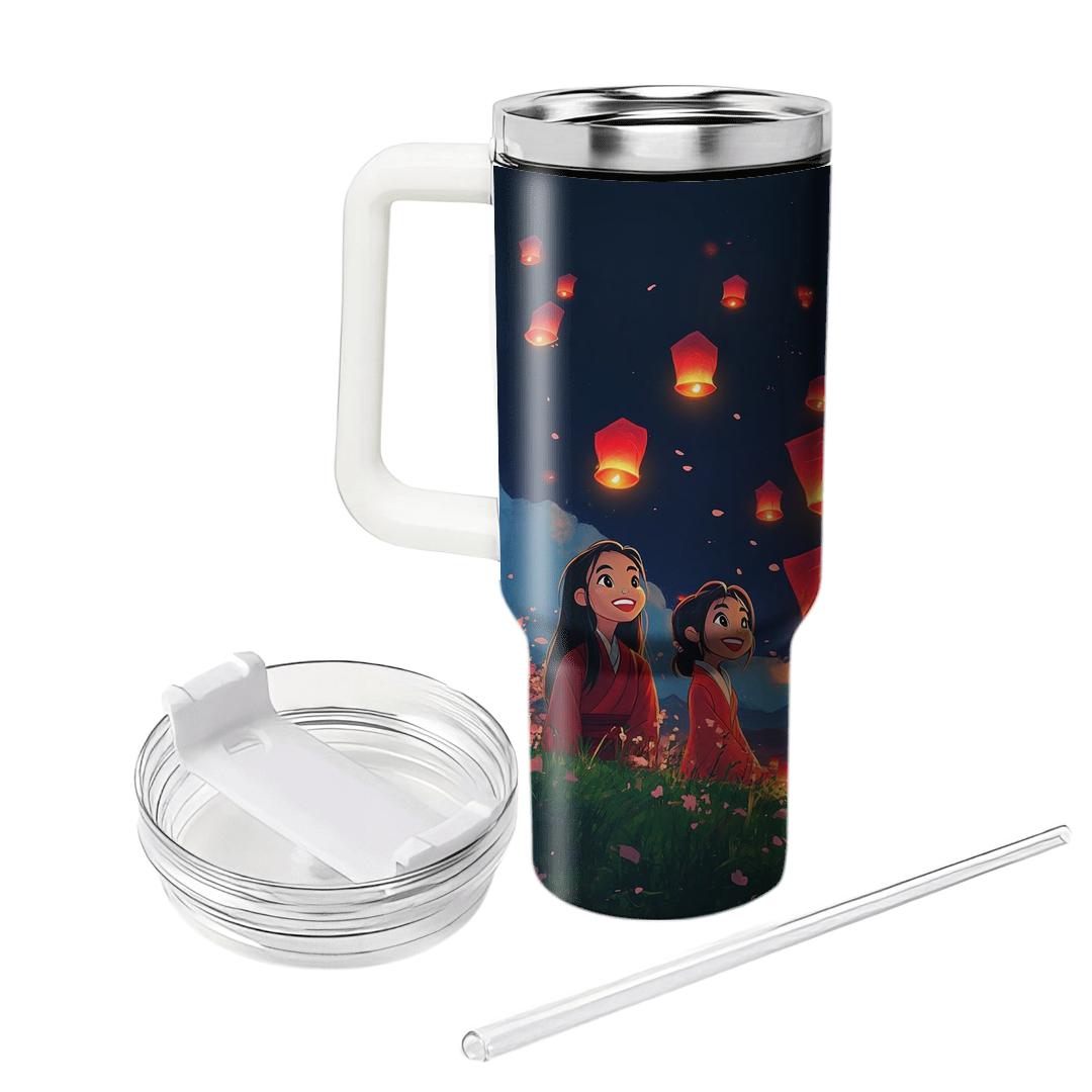 Mulan And Mushu Lantern Sky Parade Disney Inspired tumblers with lids