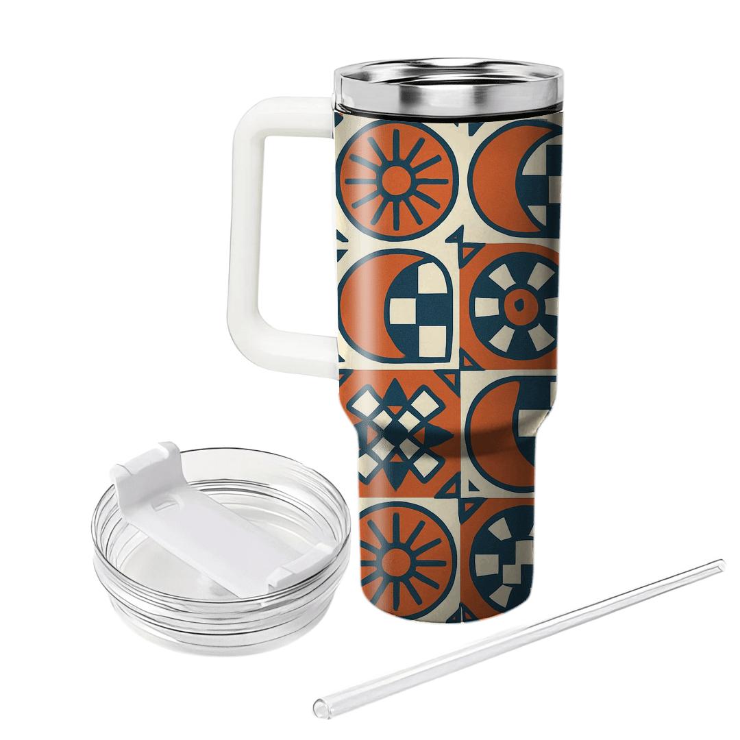 Terracotta Sunwheel And Checkered Crescent Motifs insulated tumblers