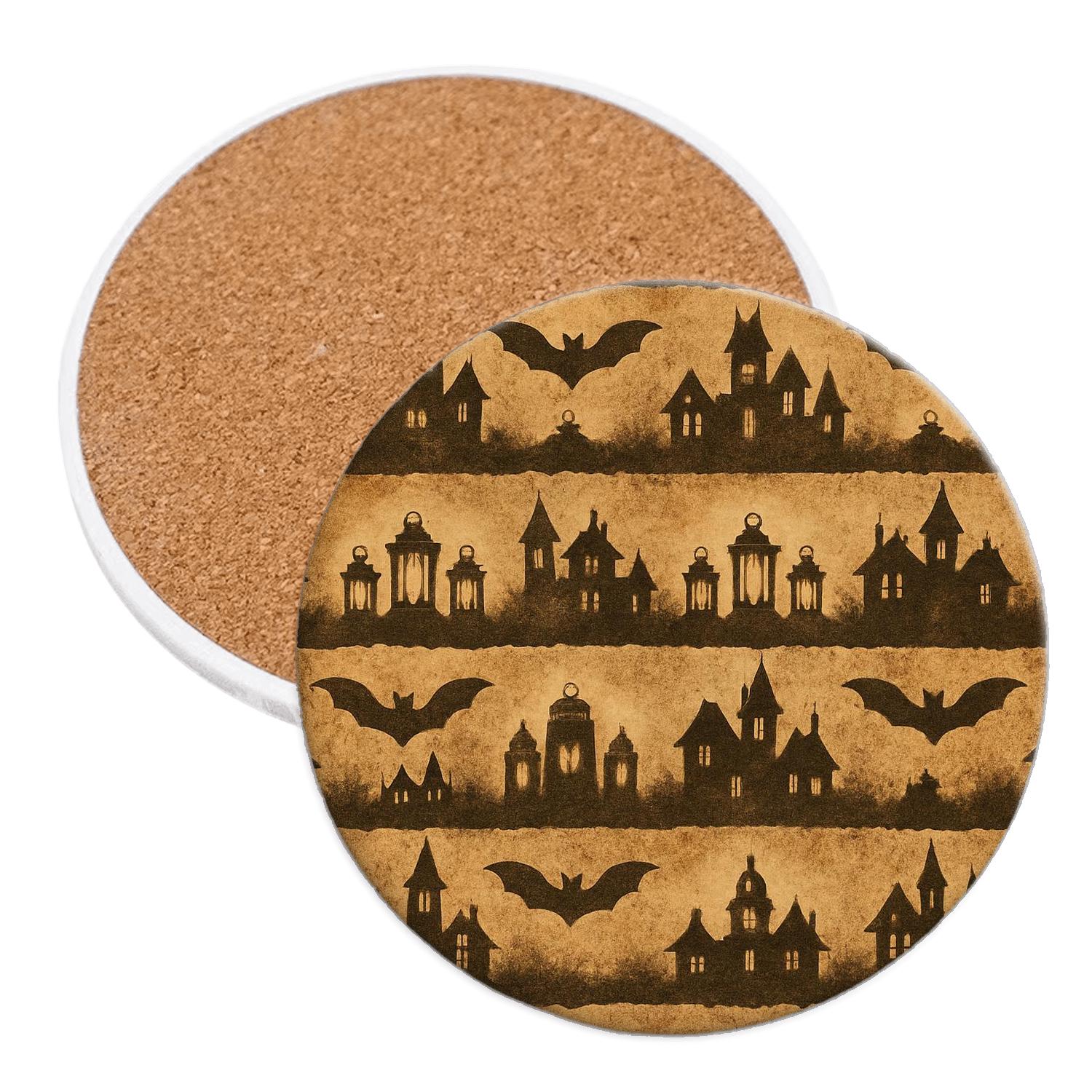 Sepia Haunted Horizon Lantern And Bat Bands coasters for home decor