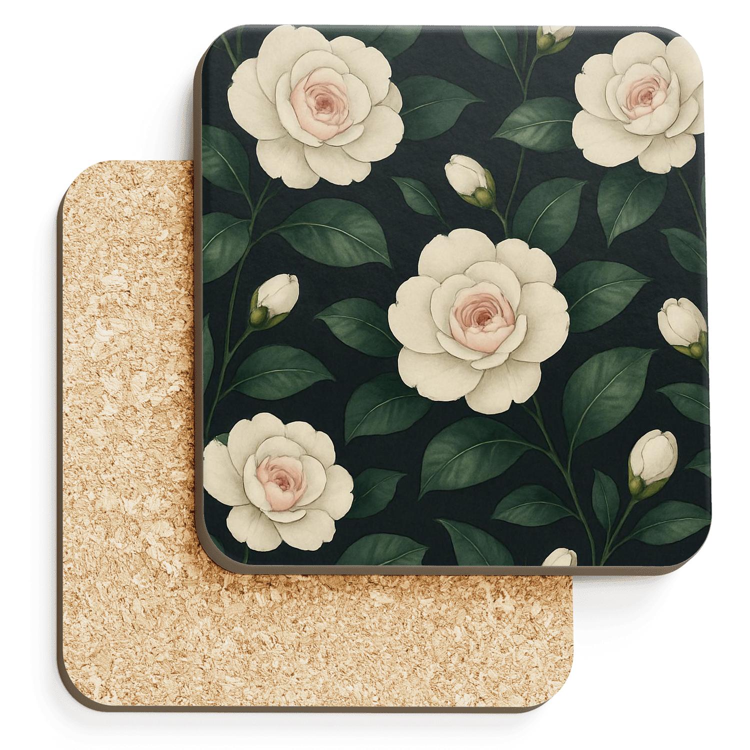 Midnight Garden Camellias personalized drink coasters