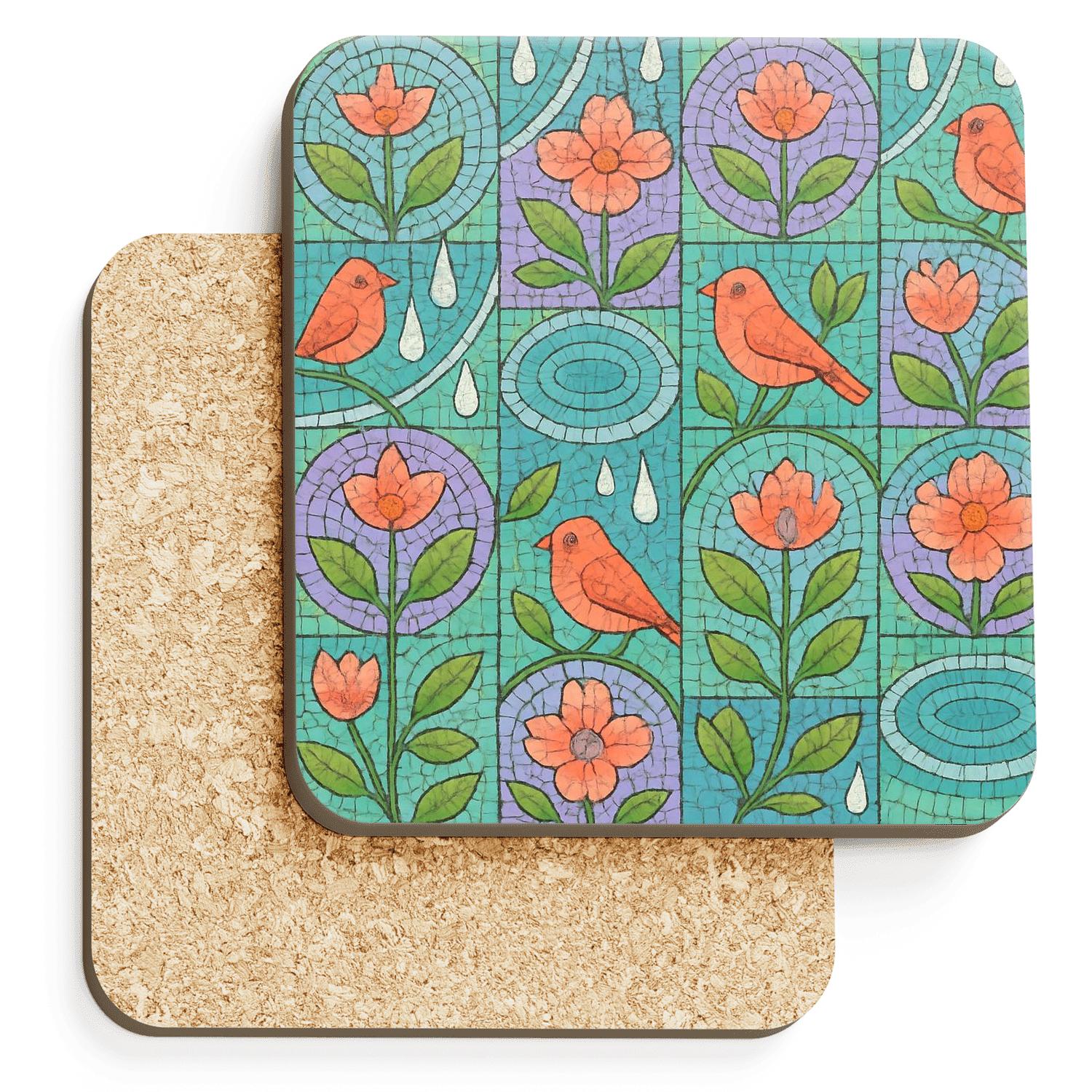 Spring Equinox Rain Garden Mosaic cork coaster sets