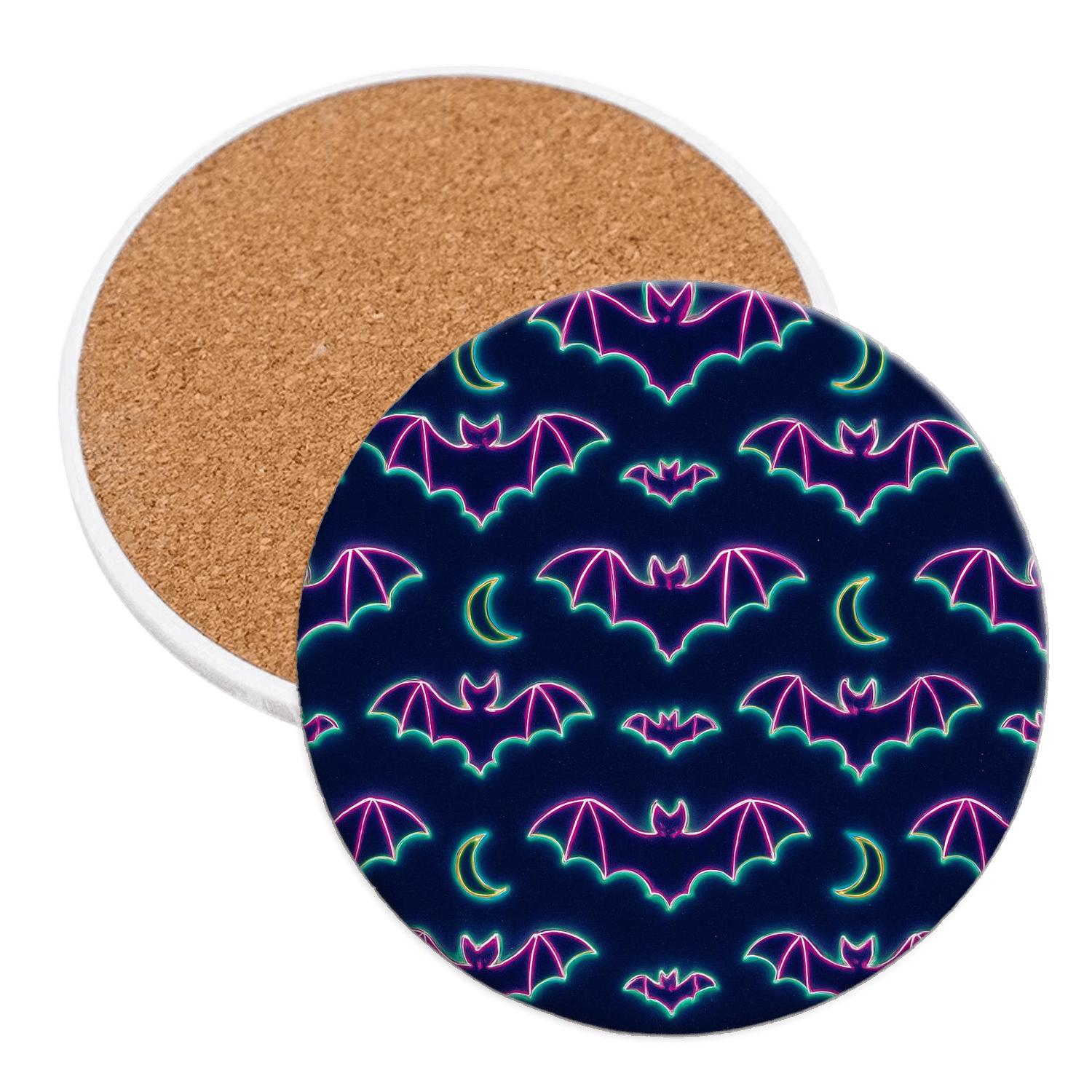 Neon Bat Mirror Pairs On Deep Navy Night cork coaster sets
