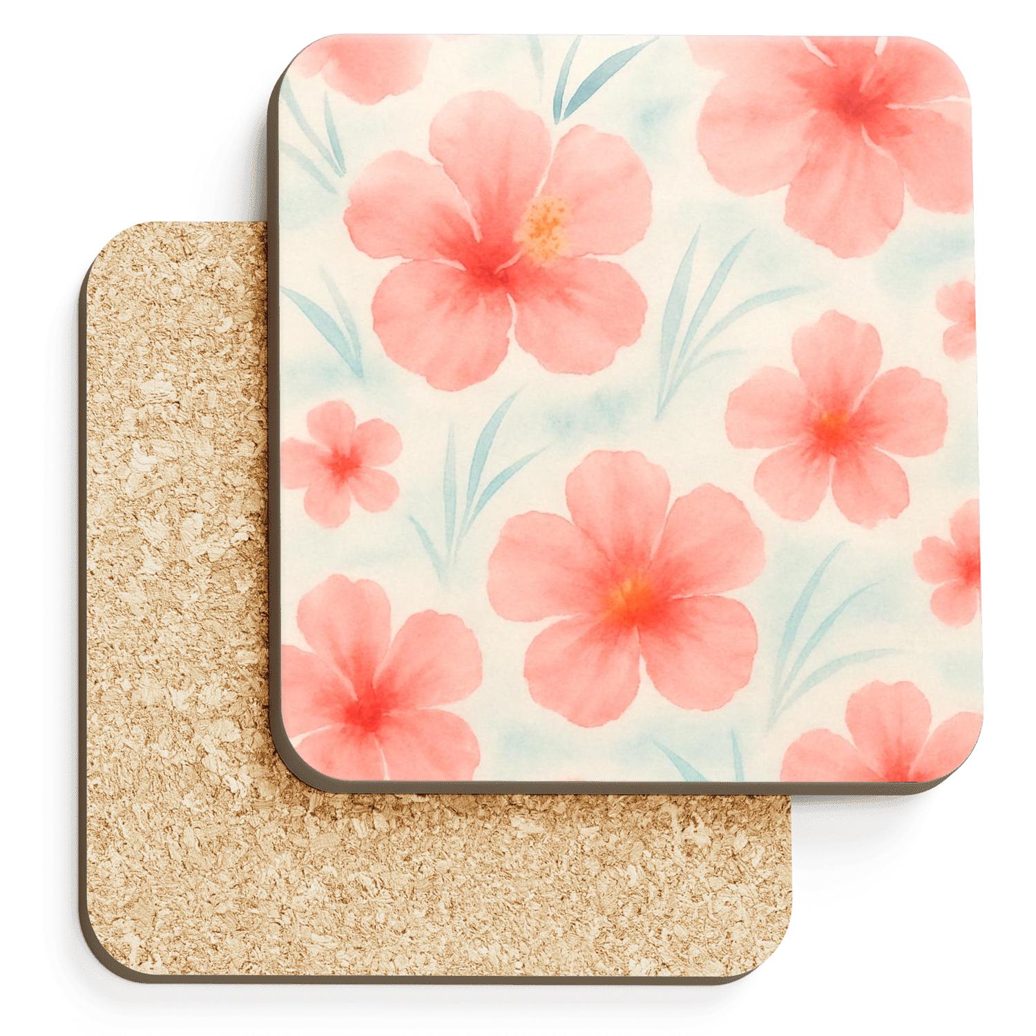 Seaside Hibiscus Watercolor Drift cork coaster sets