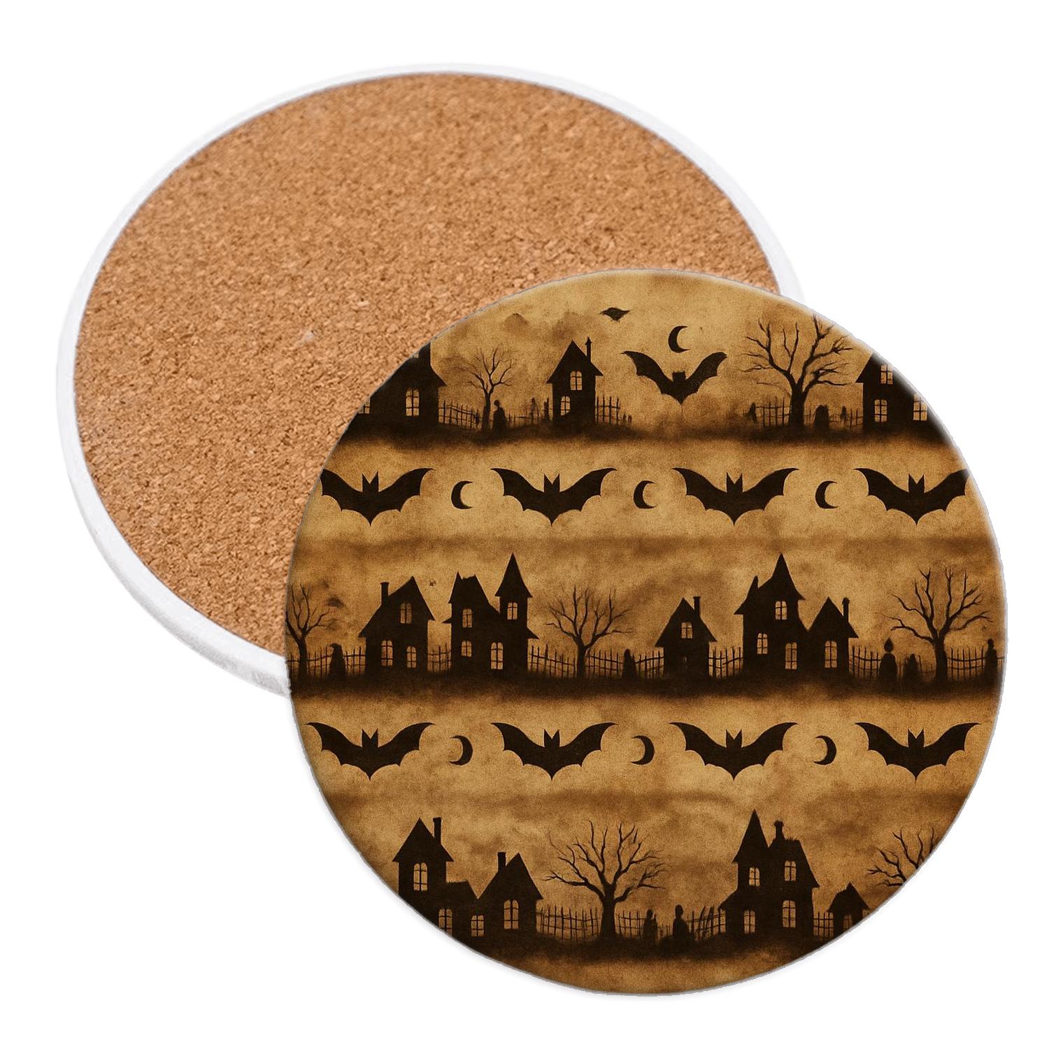 Sepia Haunted Horizon Bands With Bat Mirrors On Parchment Sepia Background elegant tabletop coasters