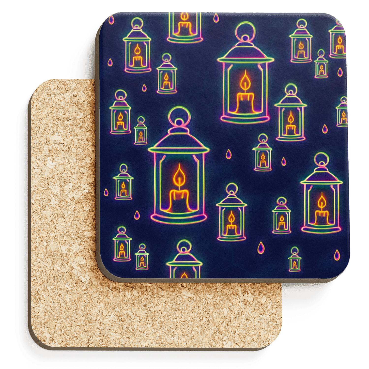 Neon Lantern Carnival Scatter On Deep Navy Night Background absorbent drink coasters