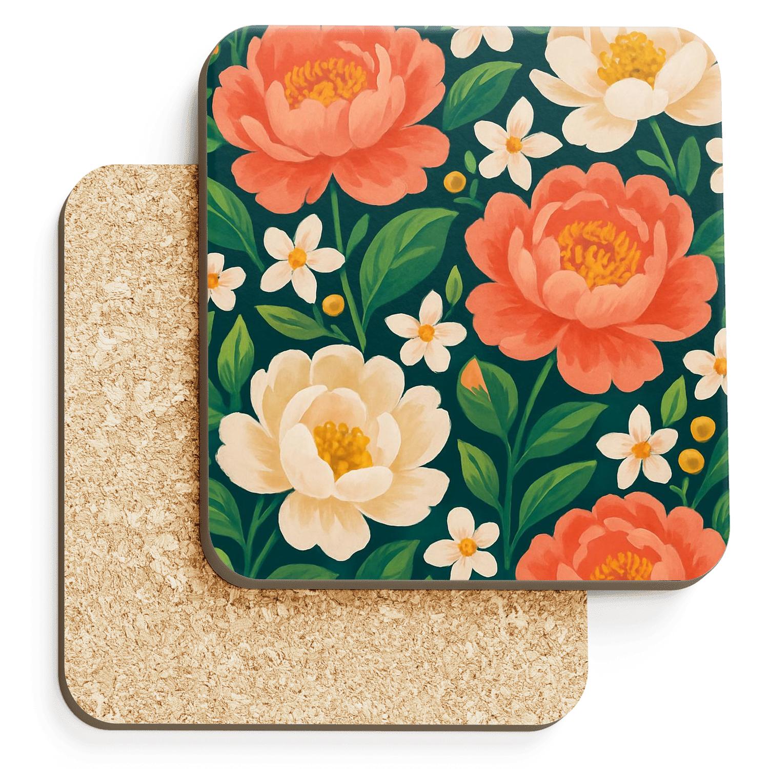 Citrus Peony Sunrise cork coaster sets