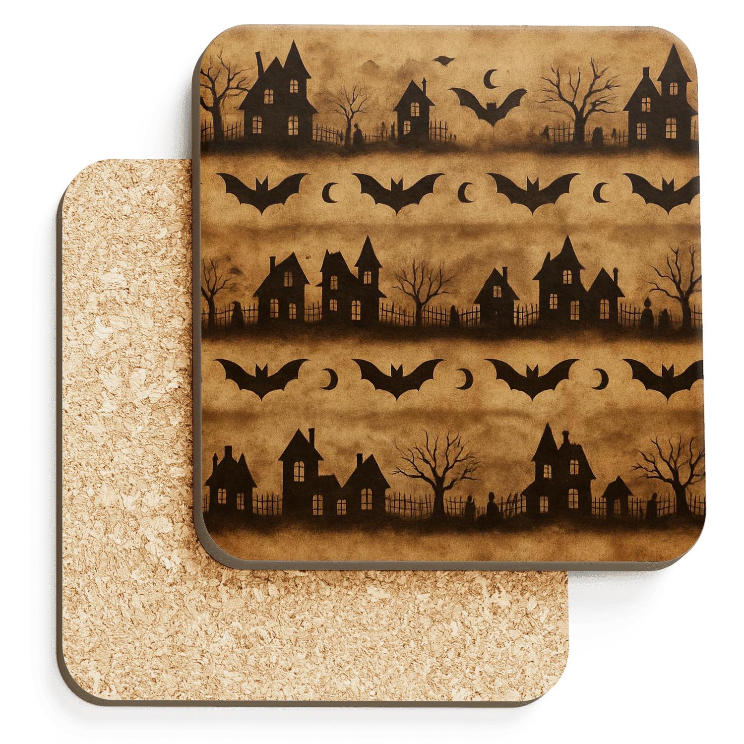 Sepia Haunted Horizon Bands With Bat Mirrors On Parchment Sepia Background elegant tabletop coasters