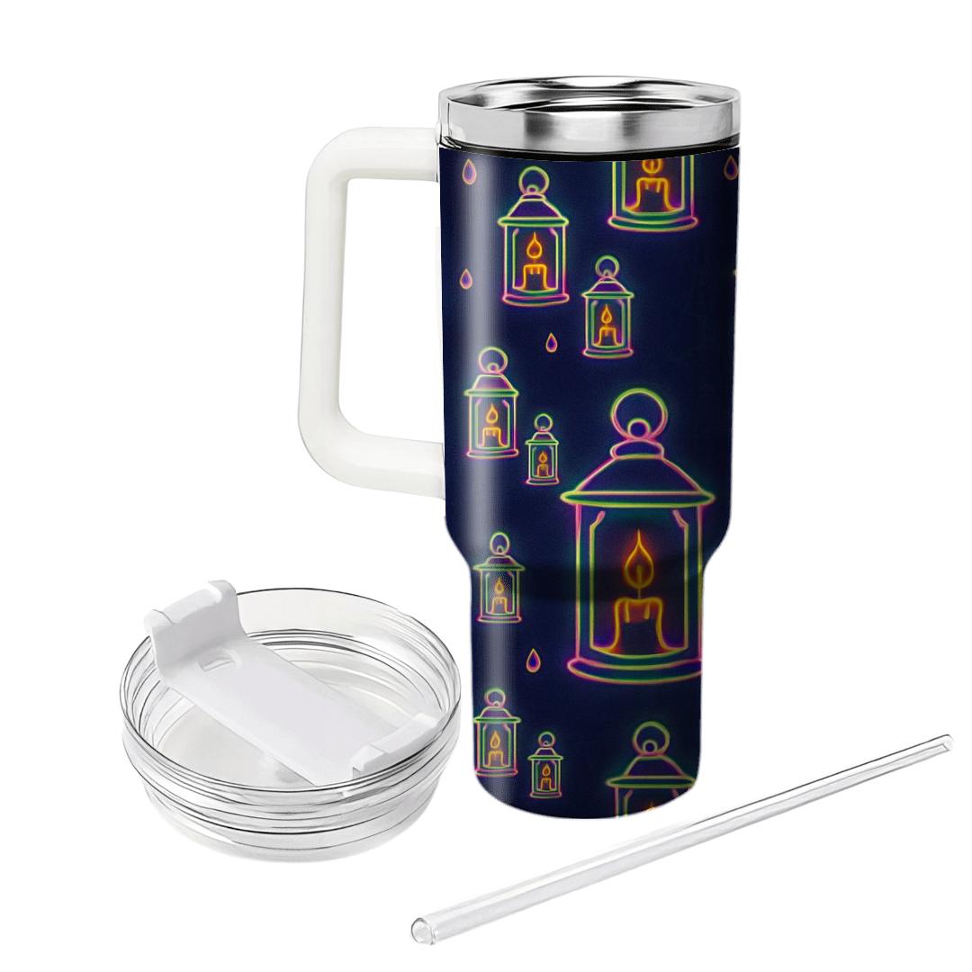 Neon Lantern Carnival Scatter On Deep Navy Night Background custom tumblers
