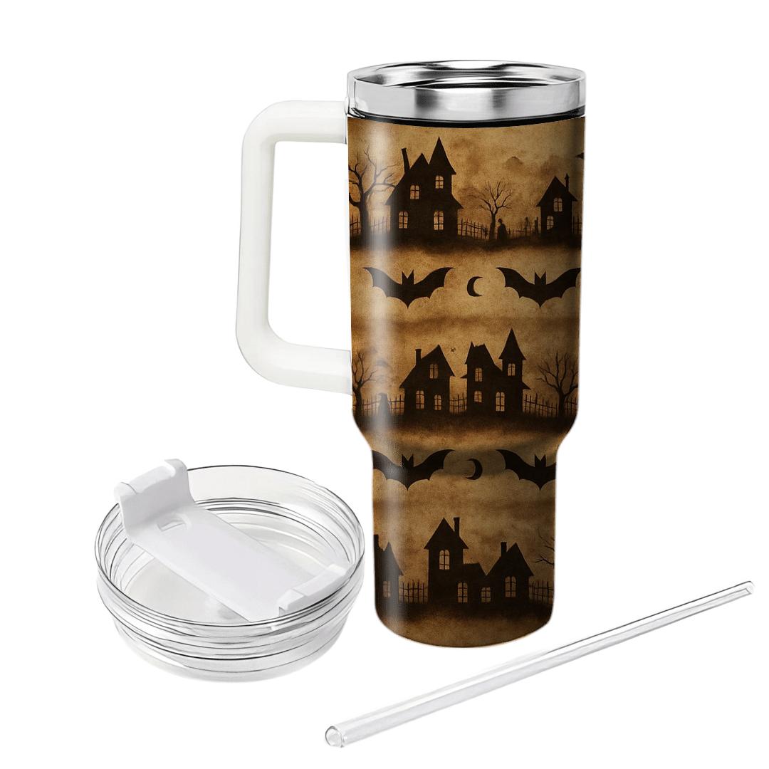 Sepia Haunted Horizon Bands With Bat Mirrors On Parchment Sepia Background personalized tumblers