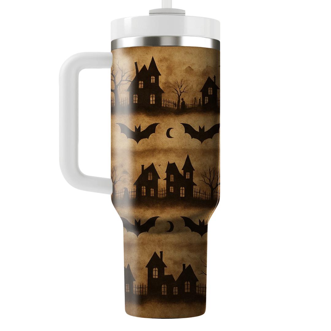 Sepia Haunted Horizon Bands With Bat Mirrors On Parchment Sepia Background personalized tumblers