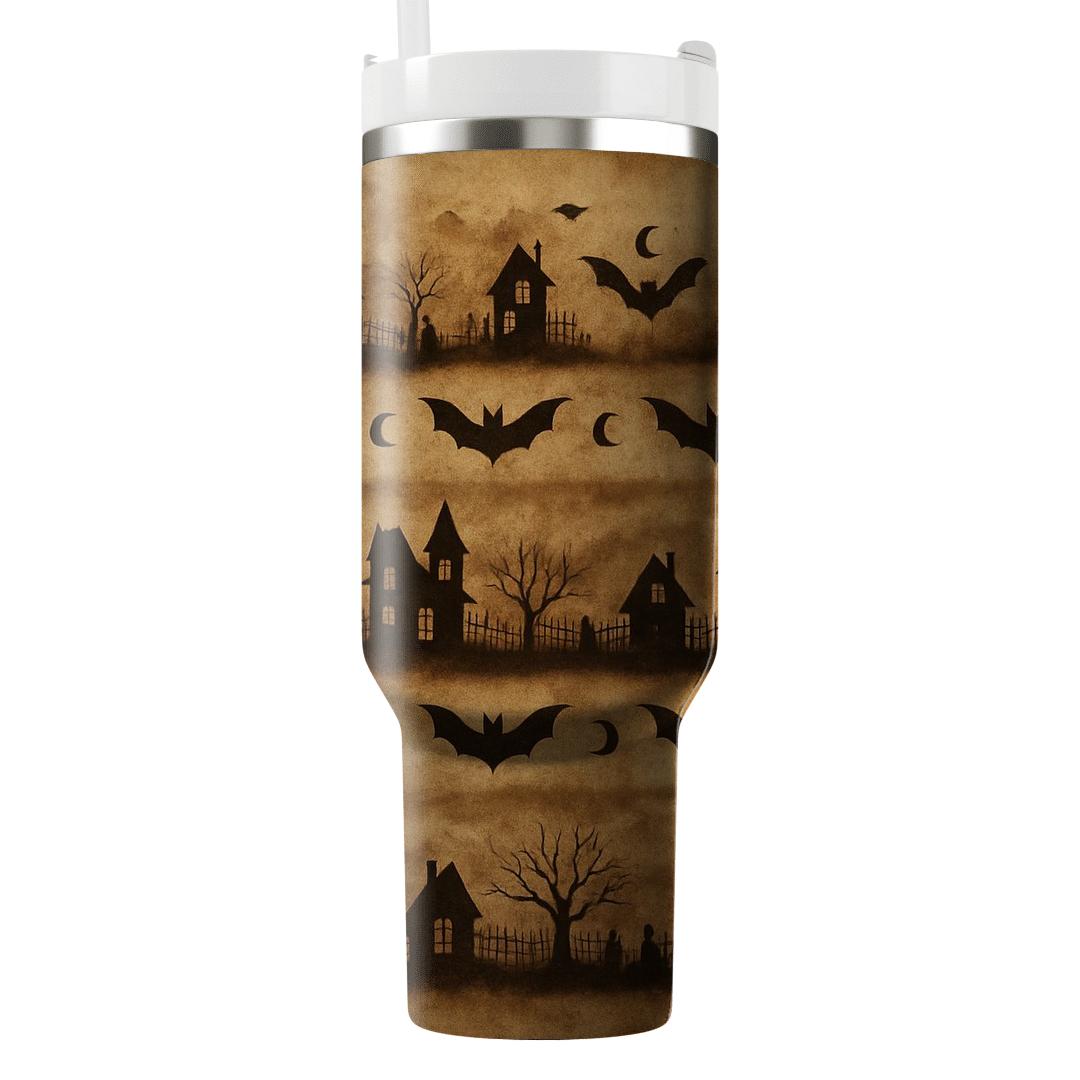 Sepia Haunted Horizon Bands With Bat Mirrors On Parchment Sepia Background personalized tumblers