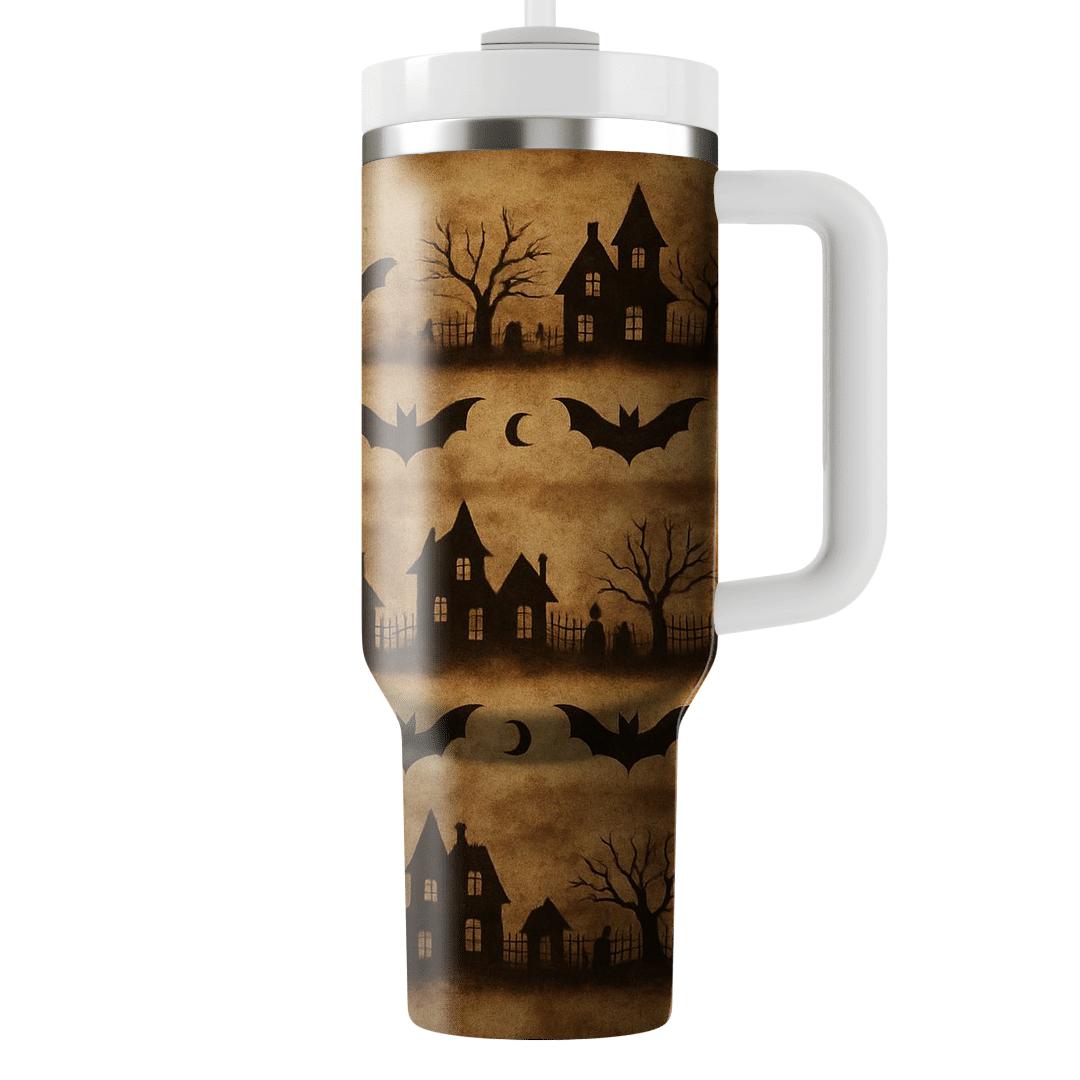 Sepia Haunted Horizon Bands With Bat Mirrors On Parchment Sepia Background personalized tumblers