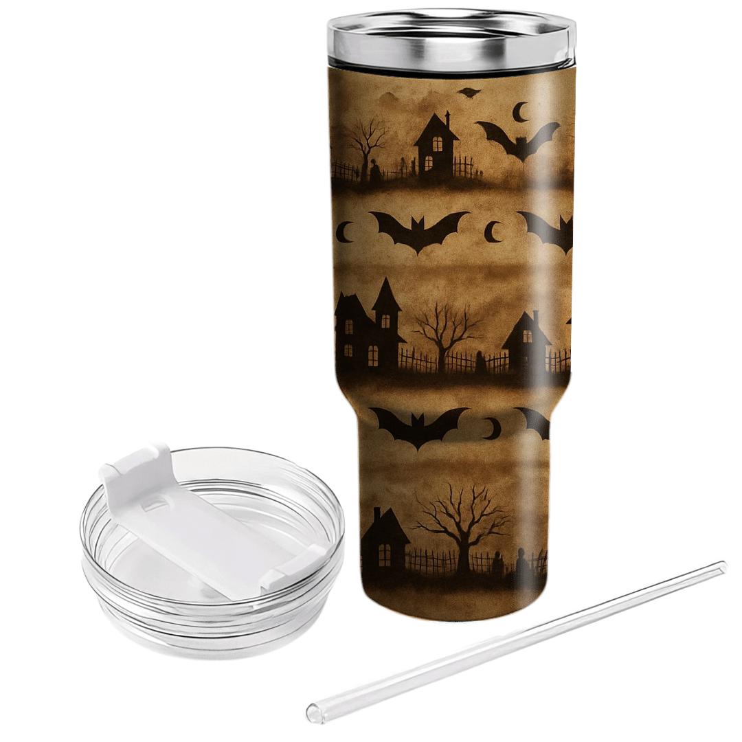 Sepia Haunted Horizon Bands With Bat Mirrors On Parchment Sepia Background personalized tumblers