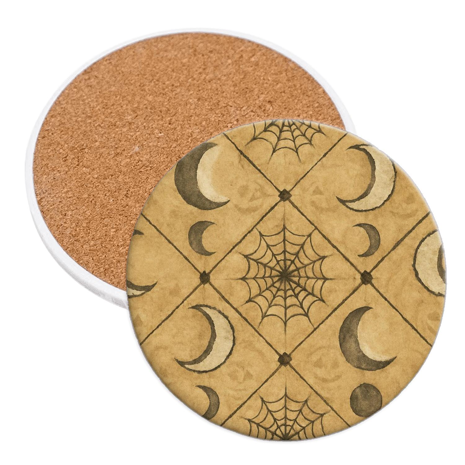Sepia Parchment Moon Phase Cobweb Lattice wooden table coasters