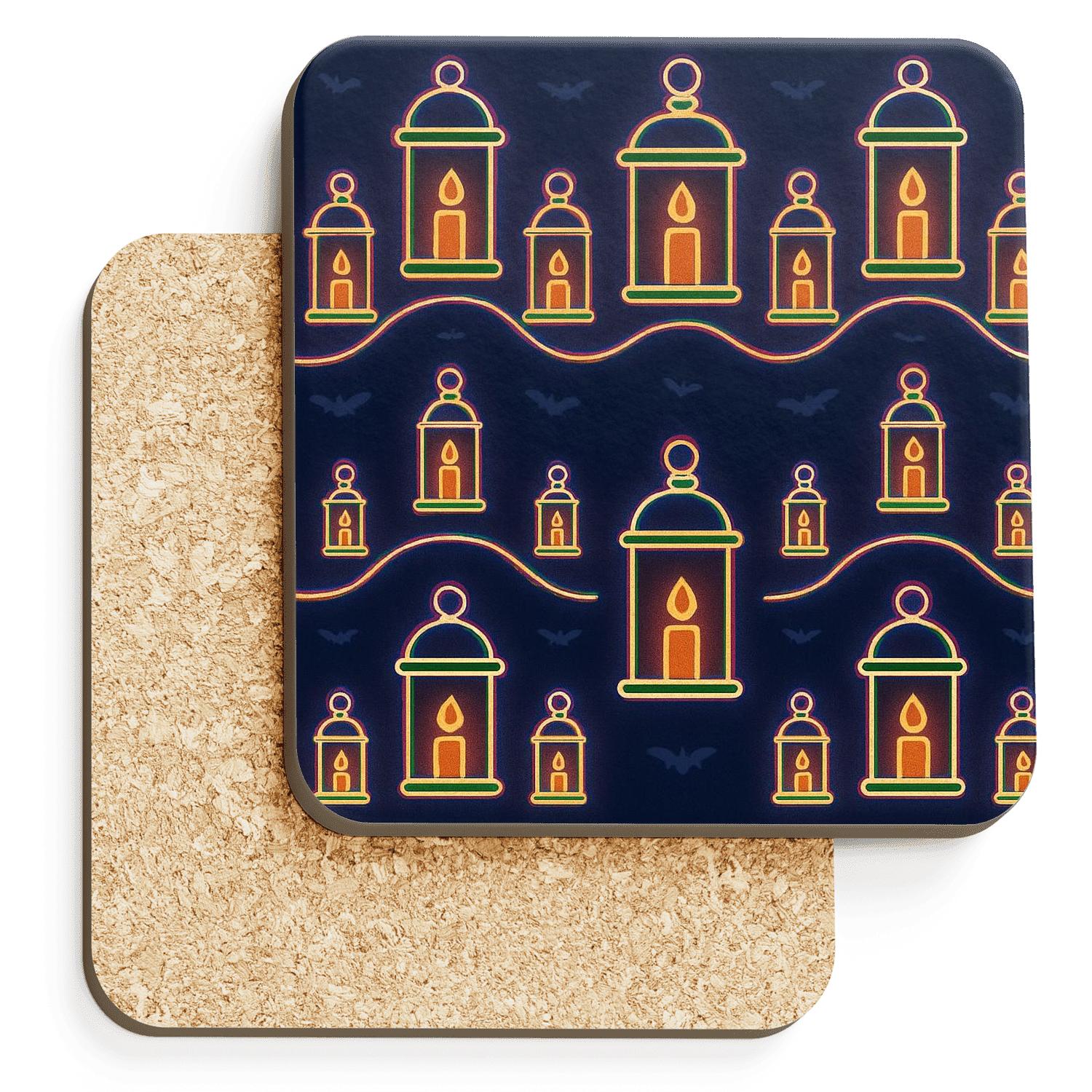 Neon Lantern Carnival Wave On Deep Navy Night cork coaster sets
