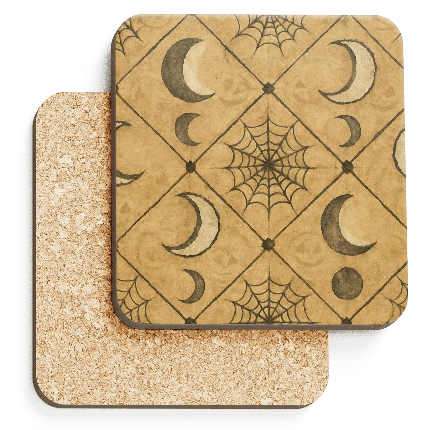 Sepia Parchment Moon Phase Cobweb Lattice custom engraved coasters