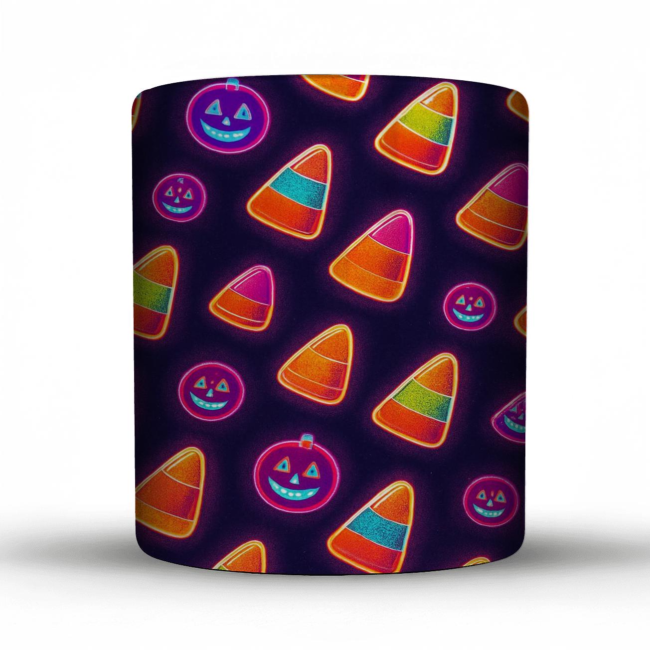 Neon Carnival Candy Corn Diagonal Array travel mugs with handles
