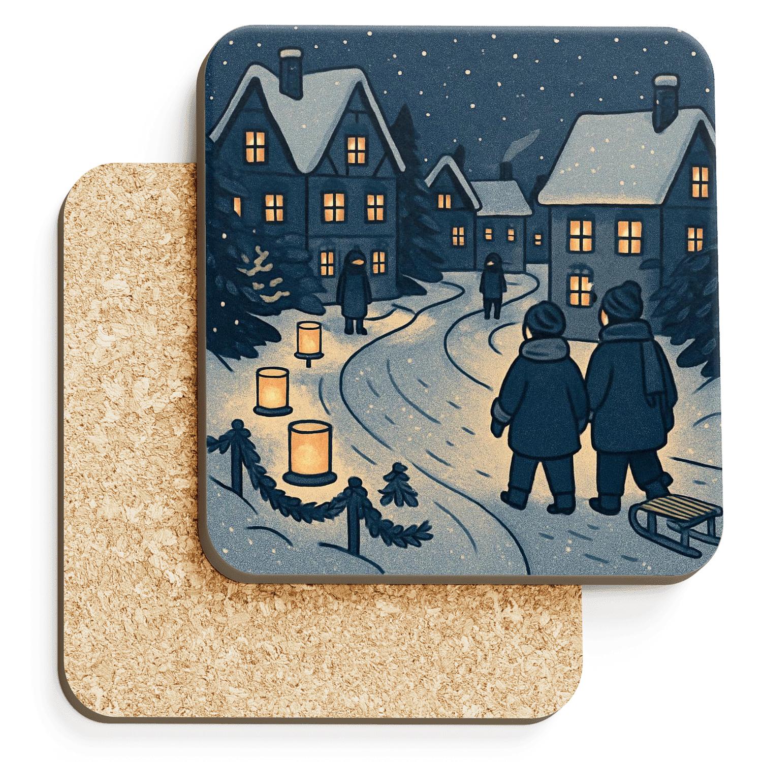Midwinter Lantern Snow Parade wooden table coasters