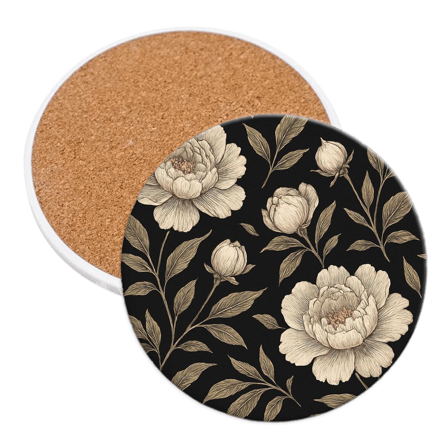 Midnight Peony Botanical Etching personalized drink coasters