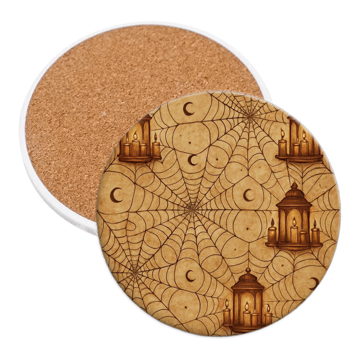 Sepia Haunted Parchment Lantern Cobweb Lattice custom engraved coasters