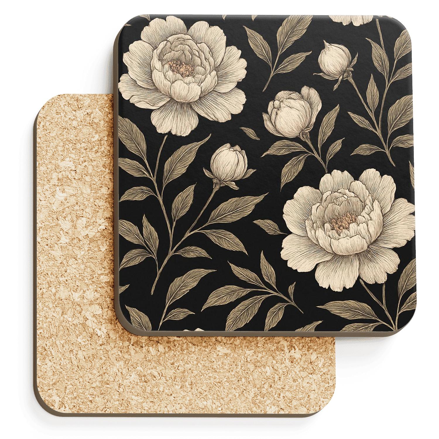 Midnight Peony Botanical Etching coasters for home decor