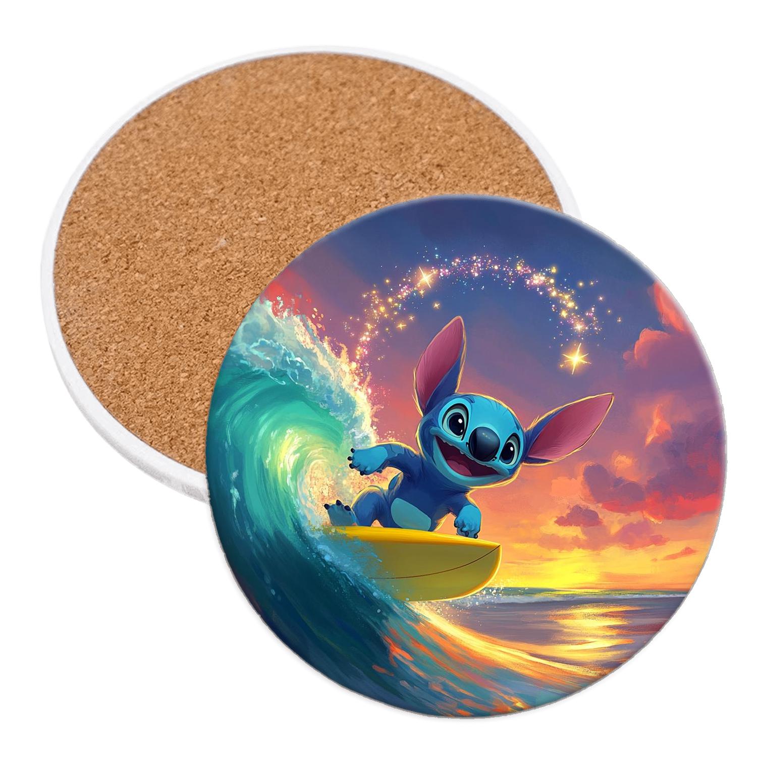 Stitch Cosmic Surf Lesson wooden table coasters