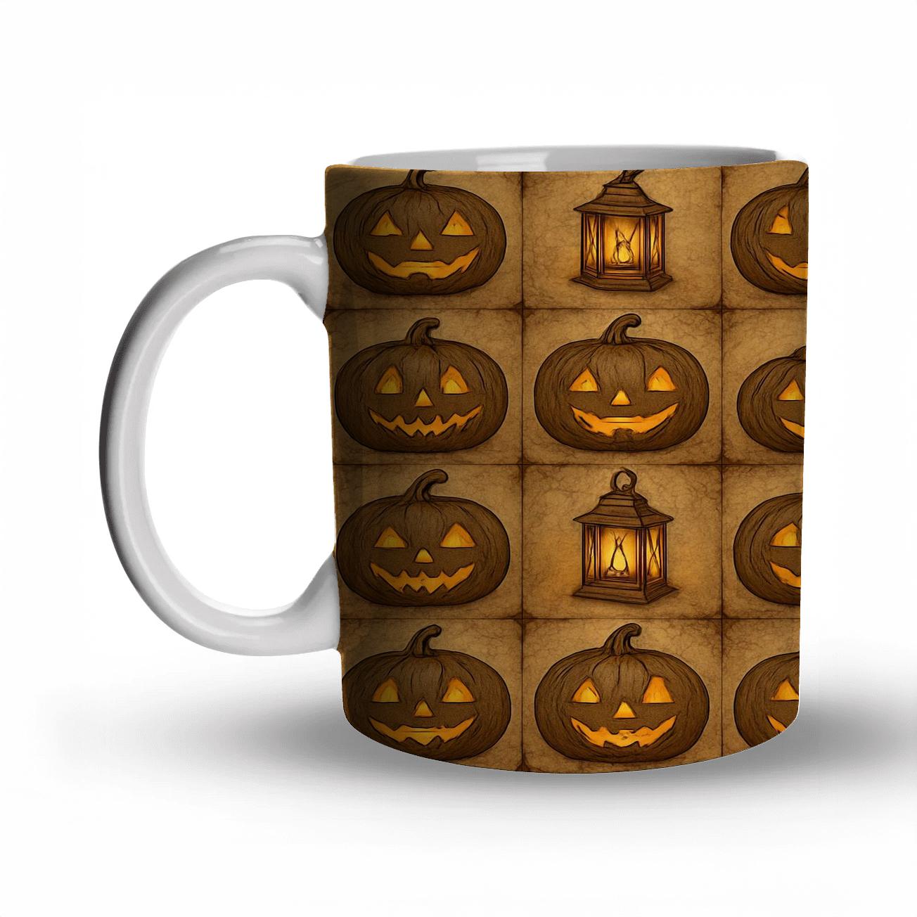 Sepia Parchment Jack O Lantern Grid With Distressed Lantern Glow ceramic coffee mugs