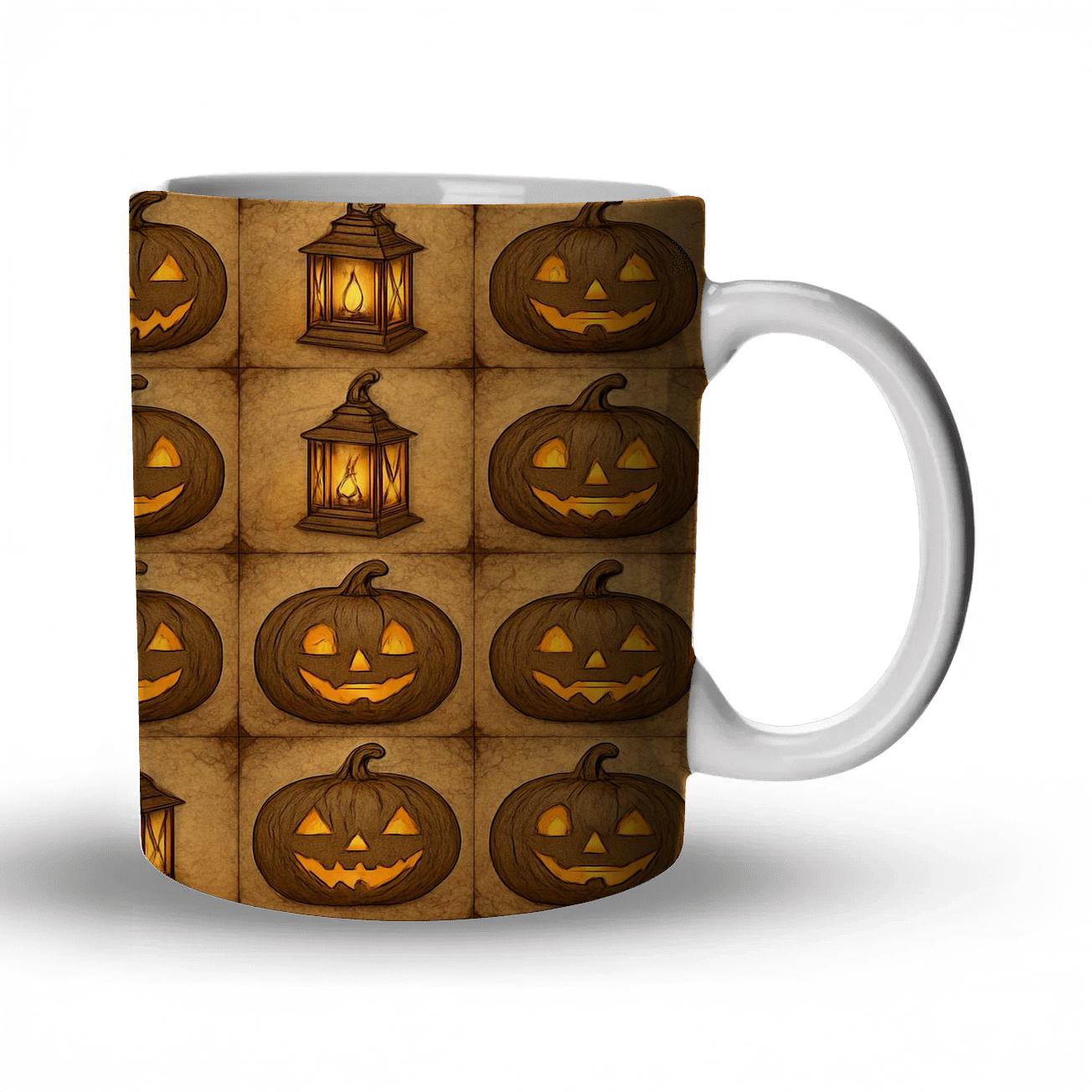 Sepia Parchment Jack O Lantern Grid With Distressed Lantern Glow ceramic coffee mugs