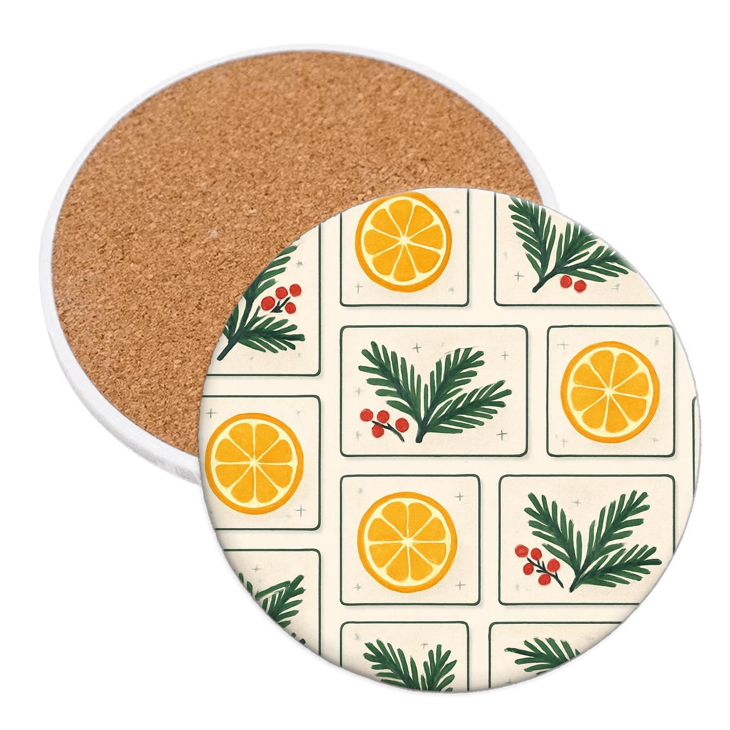 Winter Citrus And Evergreen Postcard Pattern cork coaster sets