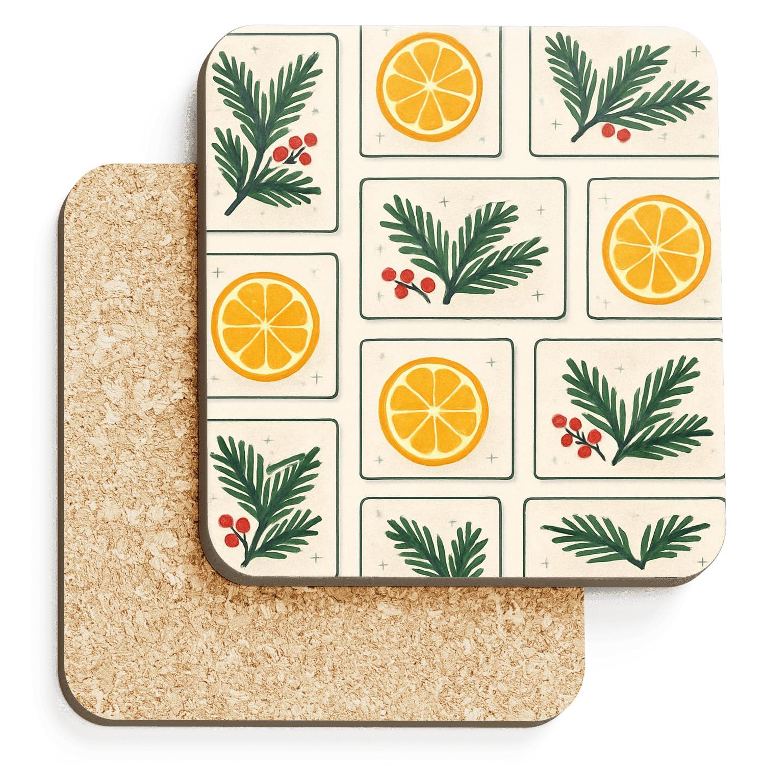Winter Citrus And Evergreen Postcard Pattern coasters for home decor