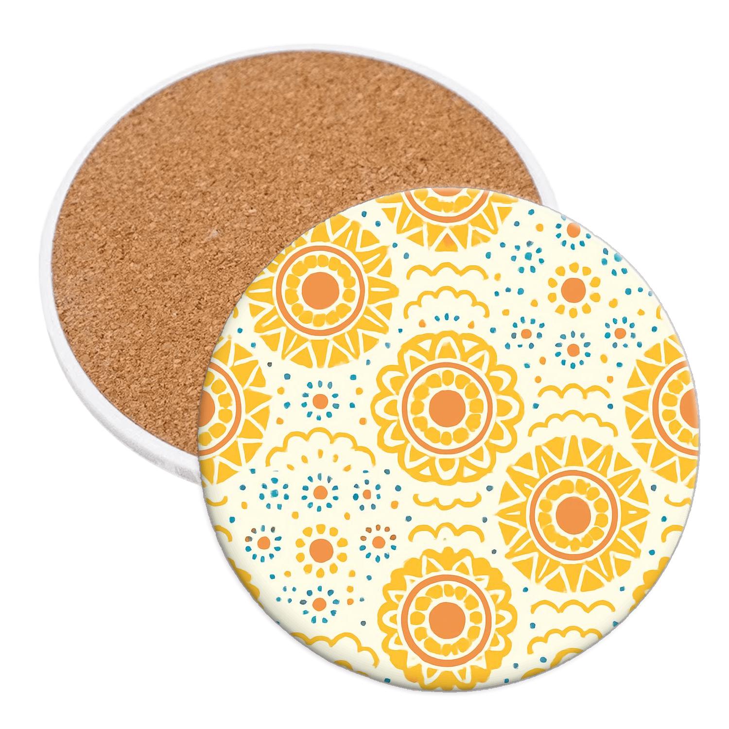 Citrus Sunburst Tessellation With Dot Mandalas decorative beverage coasters