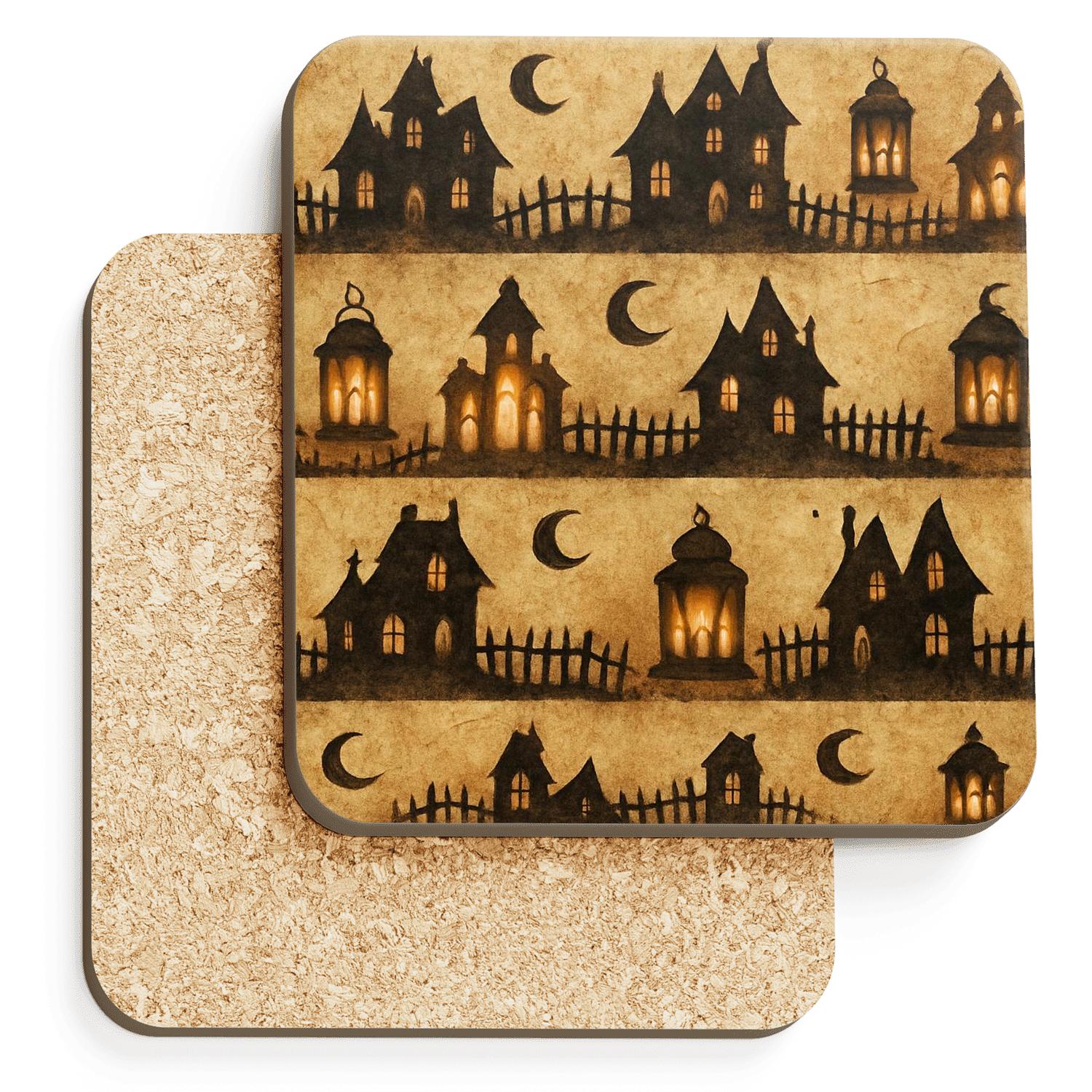 Sepia Parchment Haunted Horizon Bands cork coaster sets