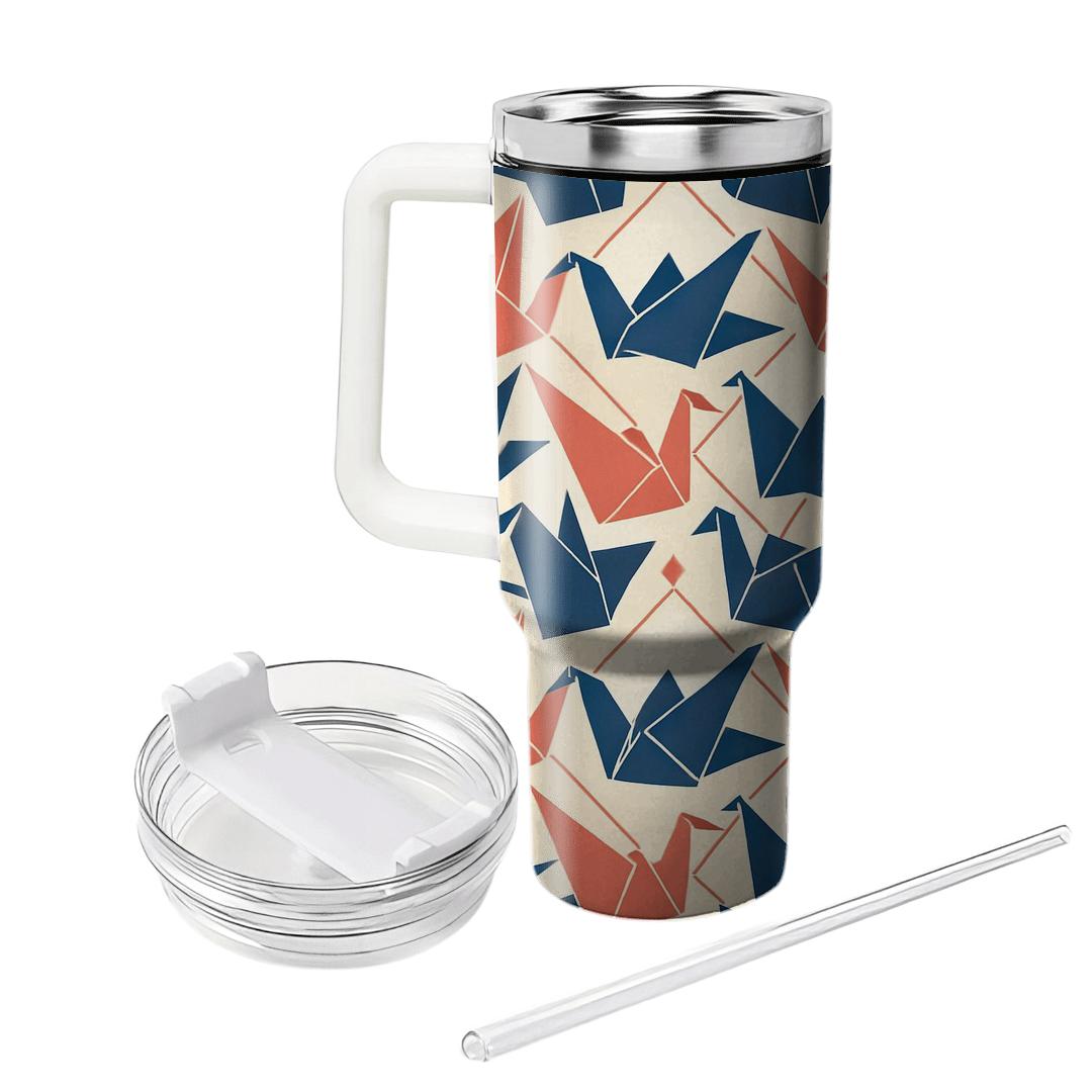 Origami Crane Lattice In Coral And Indigo personalized tumblers