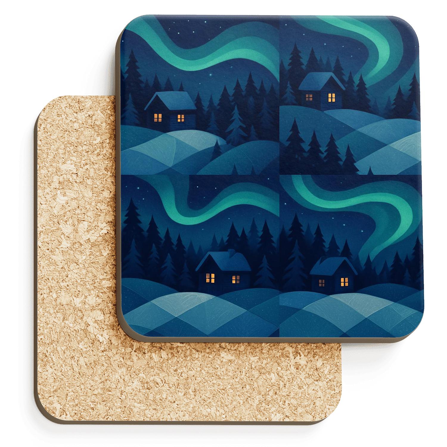 Midwinter Aurora Cabin Quilt custom engraved coasters