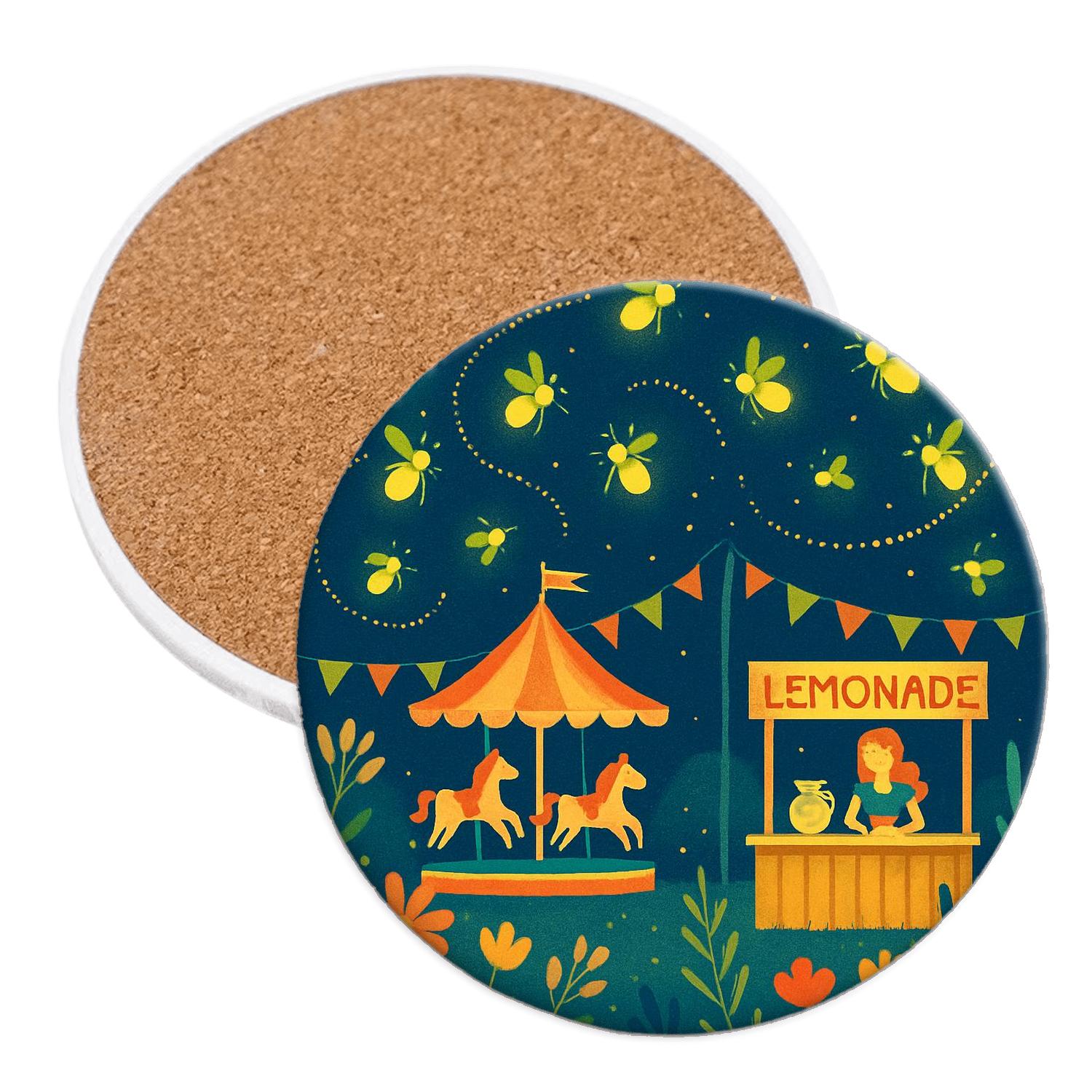 Summer Midnight Firefly Carnival wooden table coasters