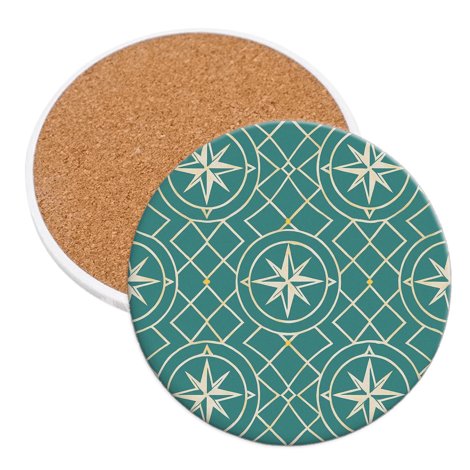 Teal Compass Rose Lattice custom engraved coasters