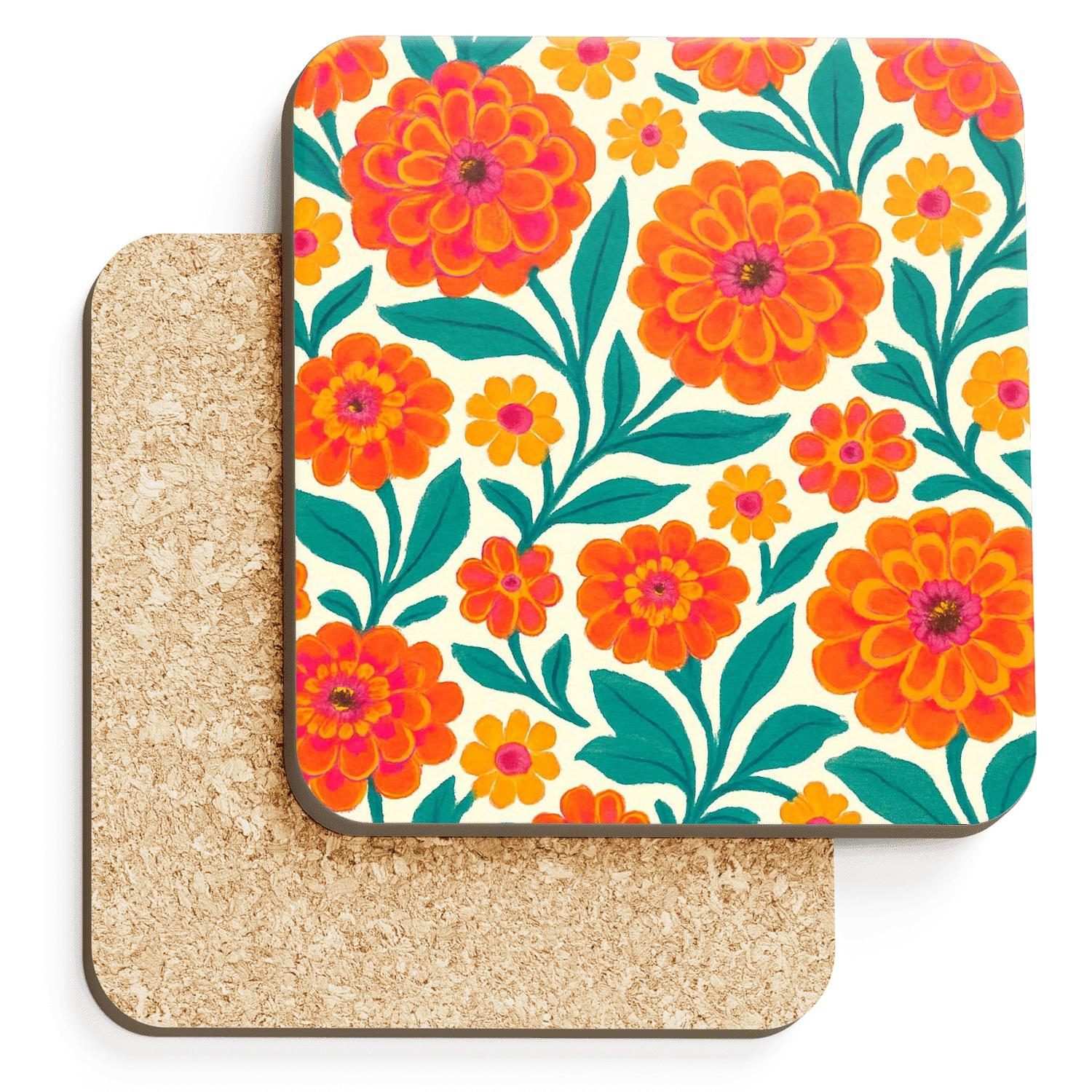 Citrus Zinnia Carnival wooden table coasters