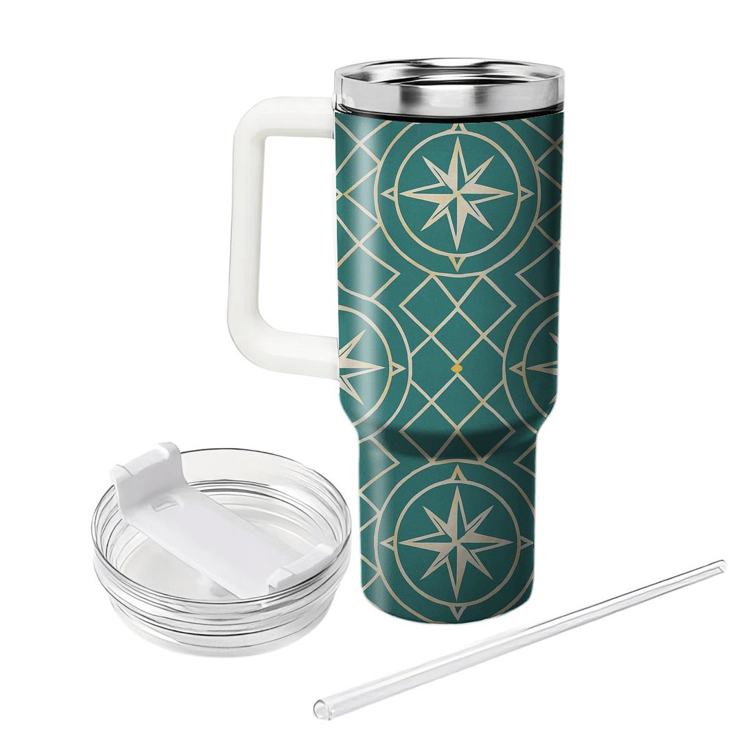 Teal Compass Rose Lattice tumblers with lids