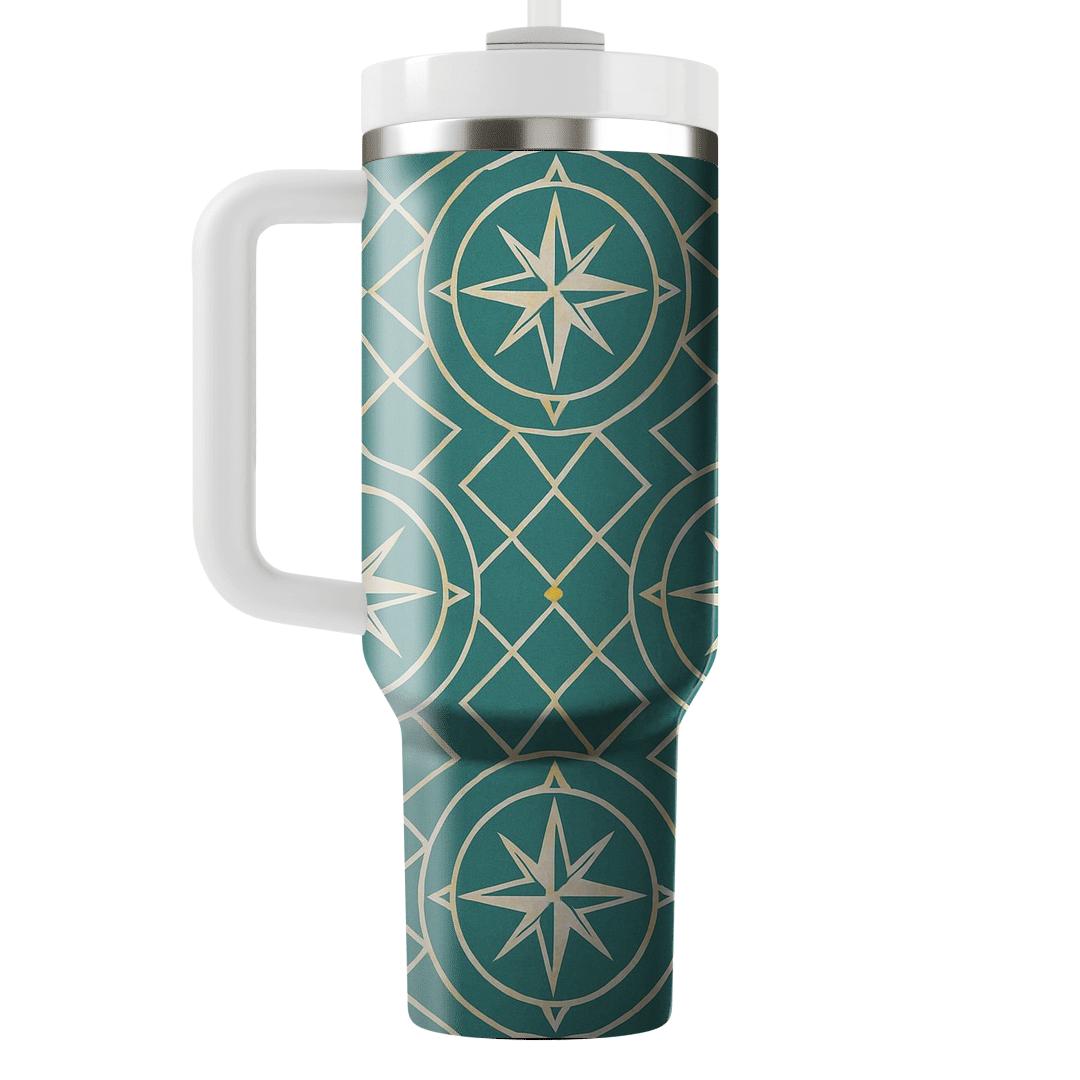 Teal Compass Rose Lattice tumblers with lids