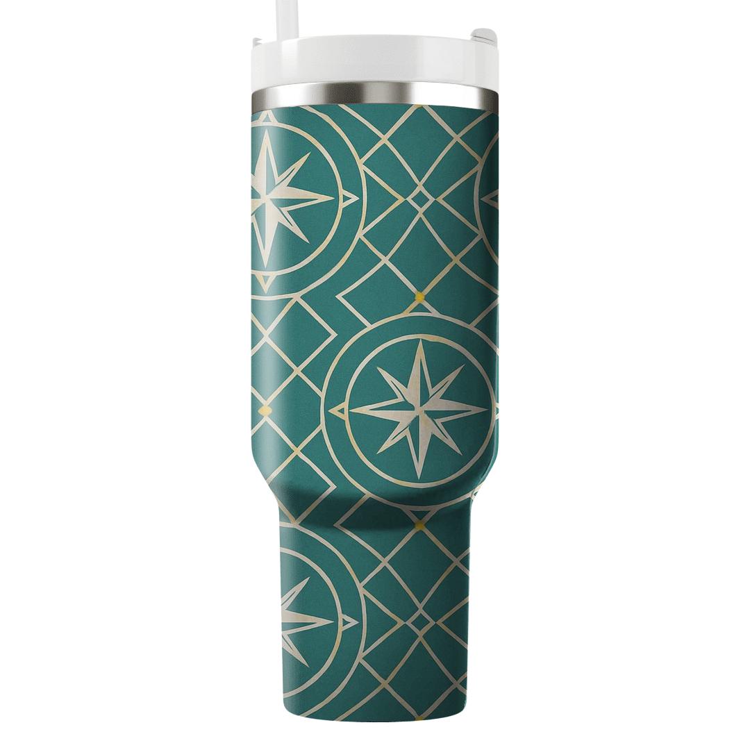 Teal Compass Rose Lattice tumblers with lids