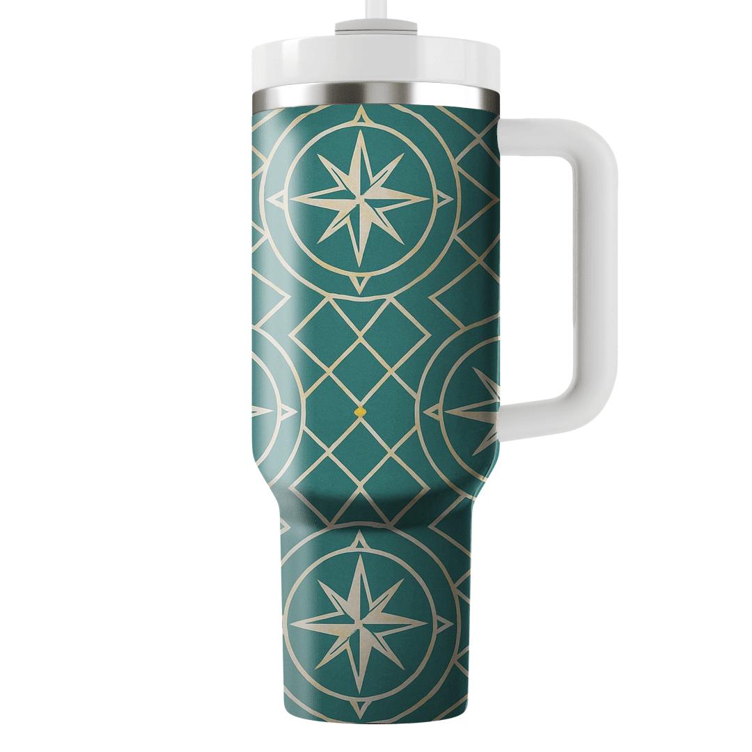 Teal Compass Rose Lattice tumblers with lids