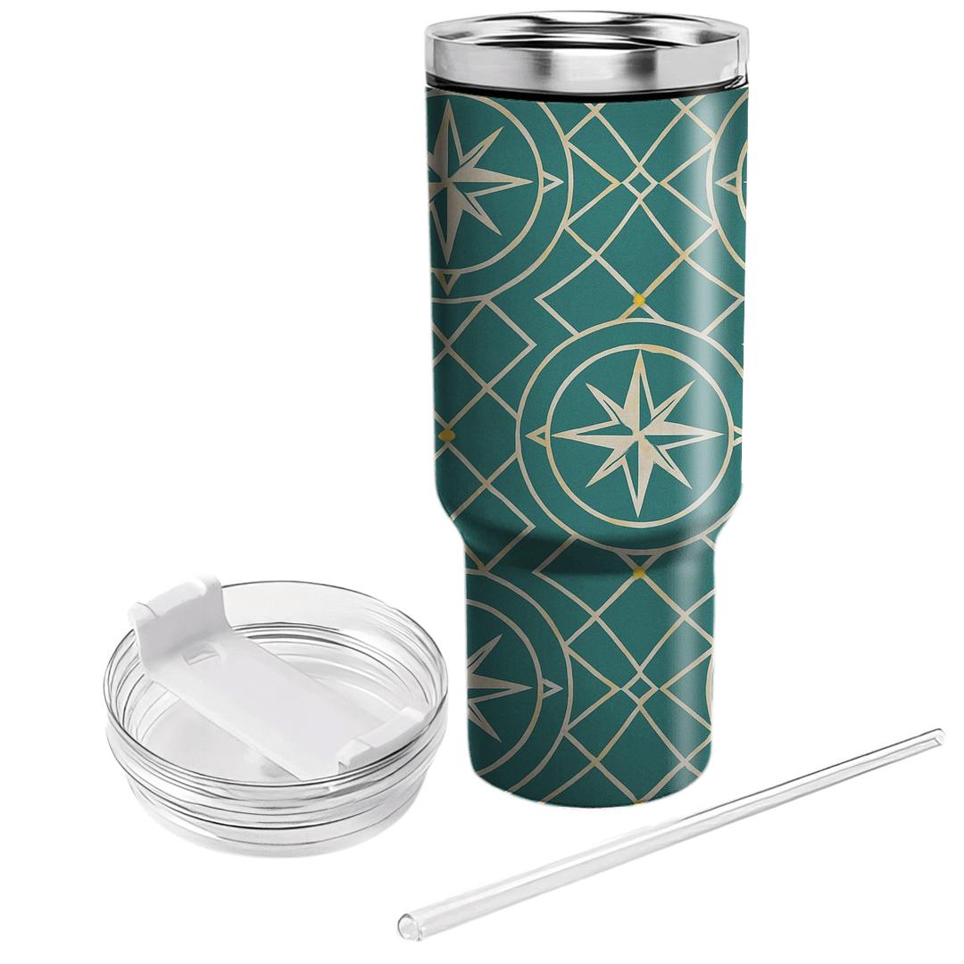 Teal Compass Rose Lattice tumblers with lids