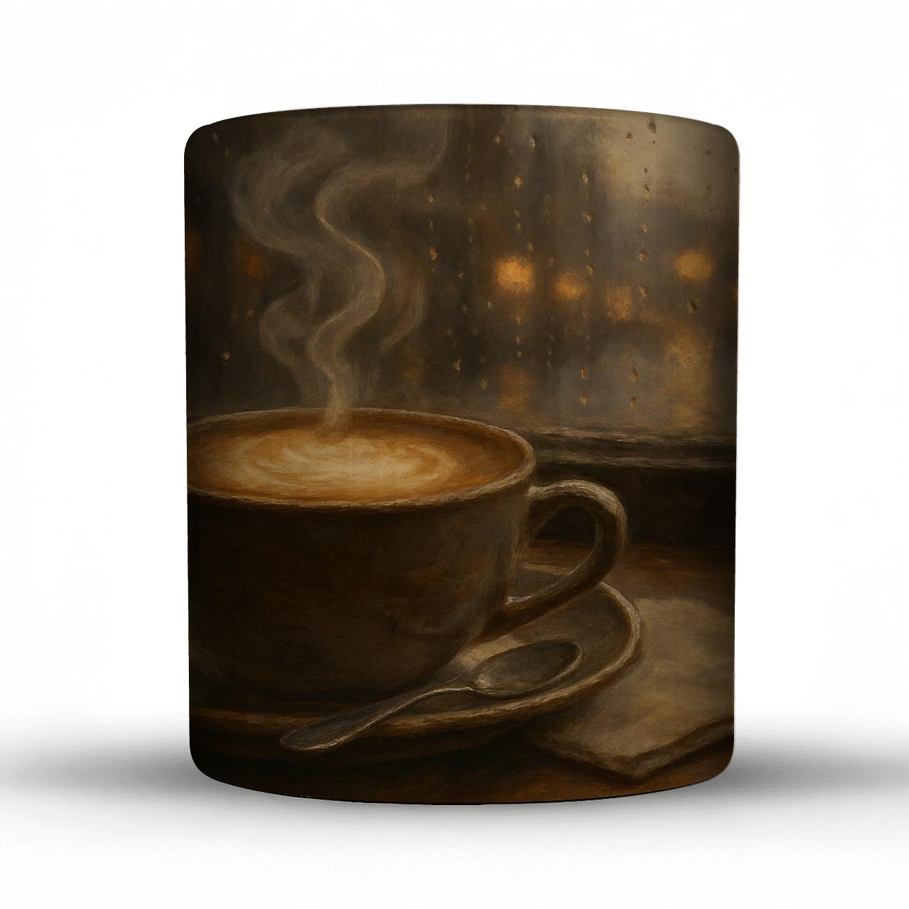 Cappuccino Rainy Window Scene travel mugs with handles