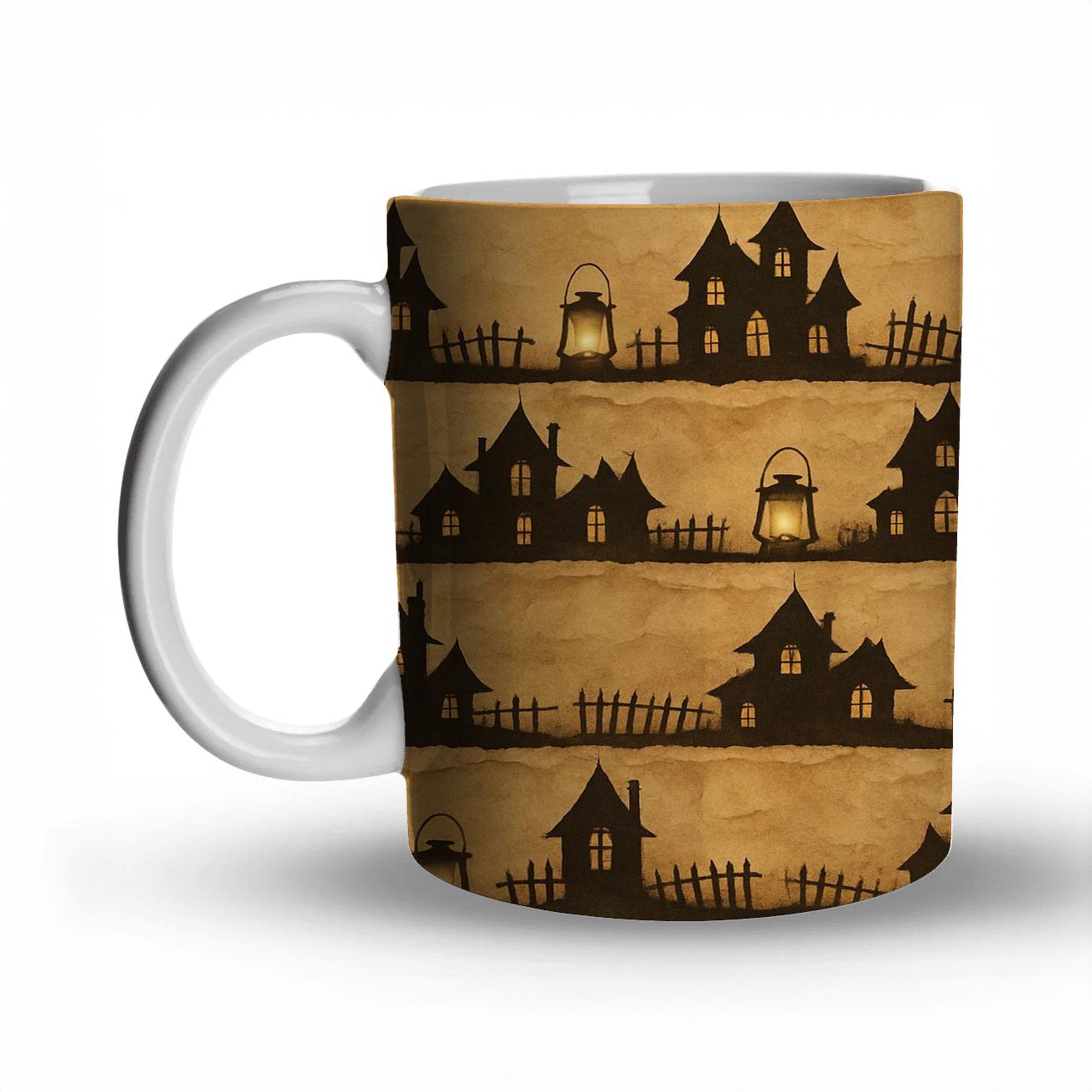 Sepia Haunted Horizon Bands With Lantern Clusters And Cobweb Grain gift mugs for occasions