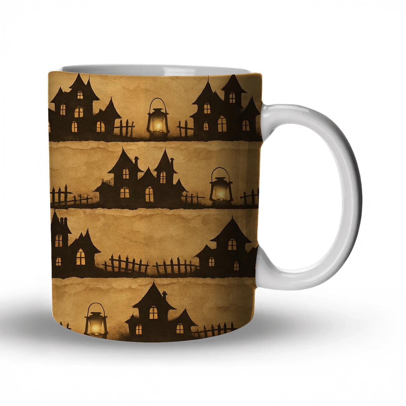Sepia Haunted Horizon Bands With Lantern Clusters And Cobweb Grain gift mugs for occasions